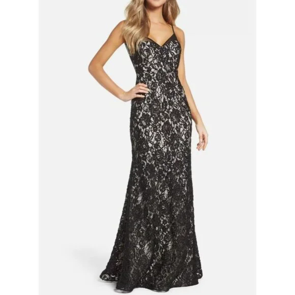 Xscape | Dresses | Xscape Lace Slip Dress Evening Gown Womens Size Beige  With Black Overlay | Poshmark